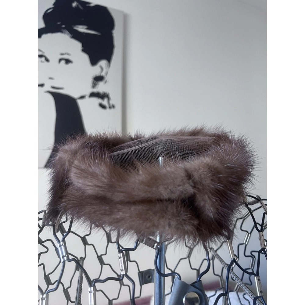 Vintage Brown Real Mink Fur Pillbox Hat Mesh‎ Netting Crown Mid Century 1950s